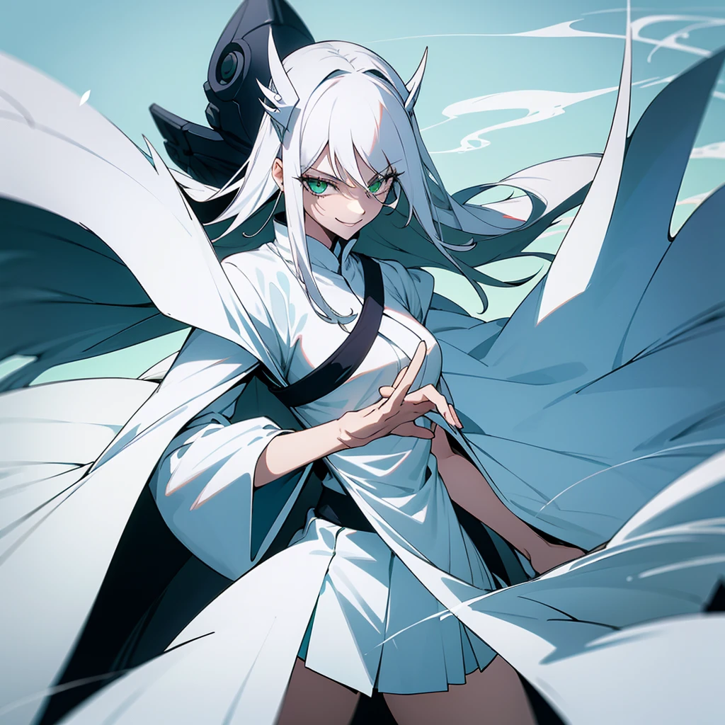 1 girl, dark white hair, green eyes, beautiful girl, villain, SMILE, psychopath, psychopath smirk, Straight hair, (((noble cloth))), Short skirt, White cloth, white poker mask, smoking blanco