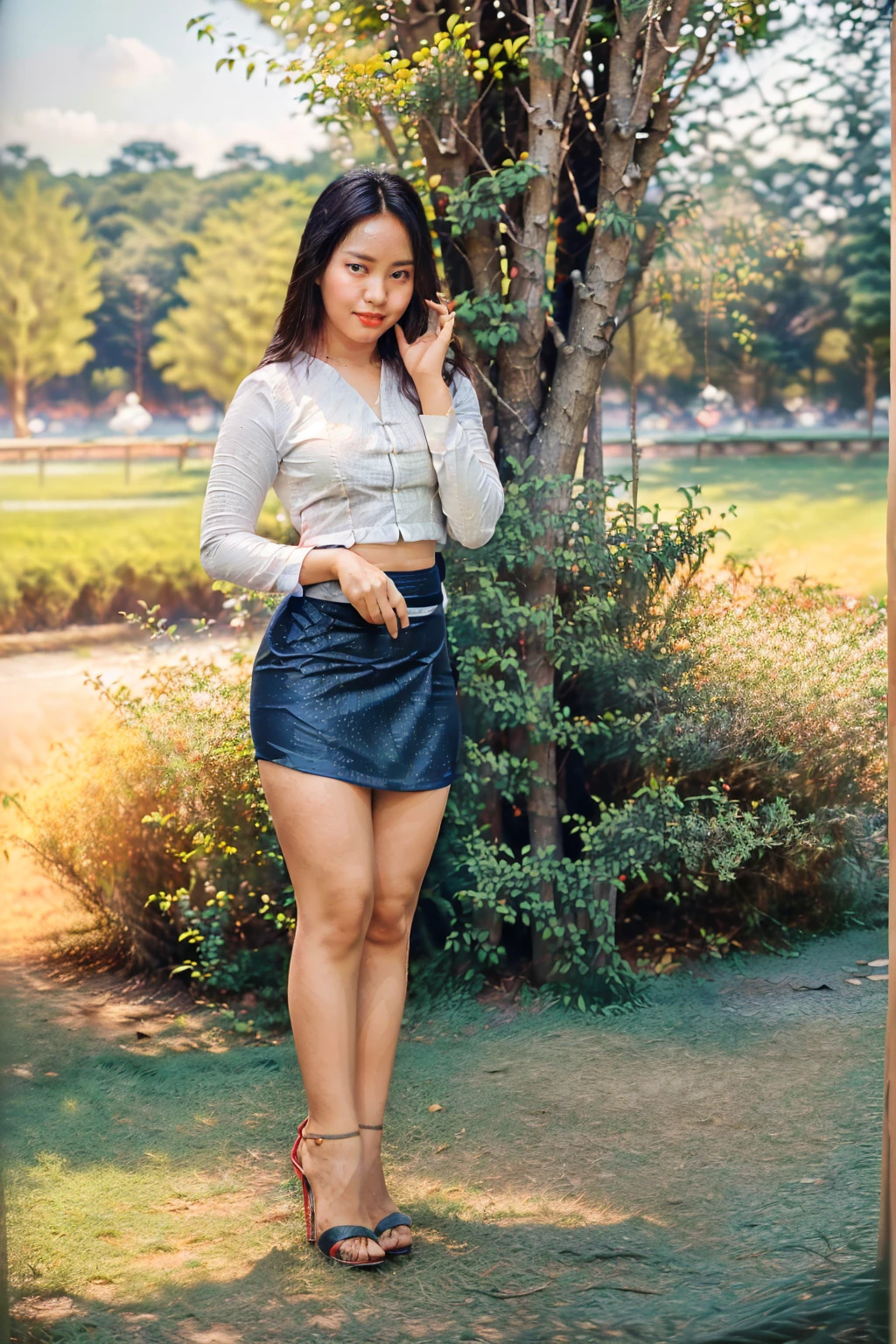 arafed asian woman in a satin dress, (((full body view:2))), ((pretty lady MoonLay:1.2)), (pretty lady MoonLay), ((((pretty lady MoonLay's innocent cute face and cute small smile:1.4)))), ((stylish standing with seductive one knee up and lean towards the tree pose for photography:1.8)), ((under the big pine tree:1.7)), ((wearing Myanmar traditional elegant and stylish affair:1.5)), (((slim and voluptuous figure:1.5))), ((white shirt:1.6)), ((red satin skirt:1.6)), ((blue sandal high heel:1.3)), south east asian with square face, traditional beauty, beautiful asian girl, anime thai girl, a young beautiful asian woman, (((photorealistic background))), ((in a beautiful park with vibrant colorful trees background:1.5)), ((cinematic bokeh deep background blur:1.7)), (((photorealistic cloudy evening sky with golden sunlight15))), (cinematic enhance HDR portrait glow lighting))), perfect anatomy, cannon mark v, DSLR quality, (perfect anatomy), (perfect toes), (perfect hands), (realistic smartphone), (random realistic stylish seductive pose),