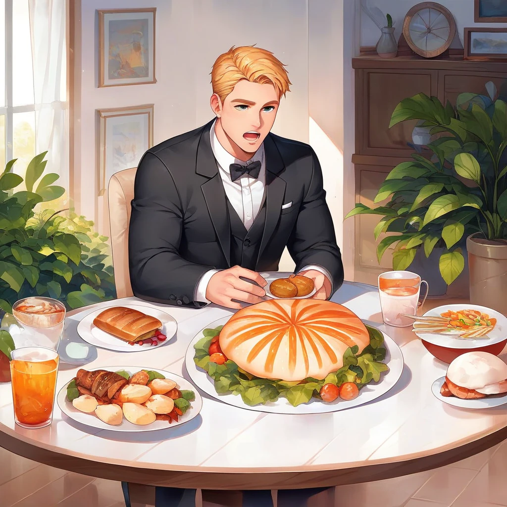 masterpiece , best quality , front view , upper body , living room , table , meal , full body , color , lineart , 1 boy , black suit , golden hair , short hair , 20 years old , Handsome man  , open mouth , white backqround , simple backqround ,