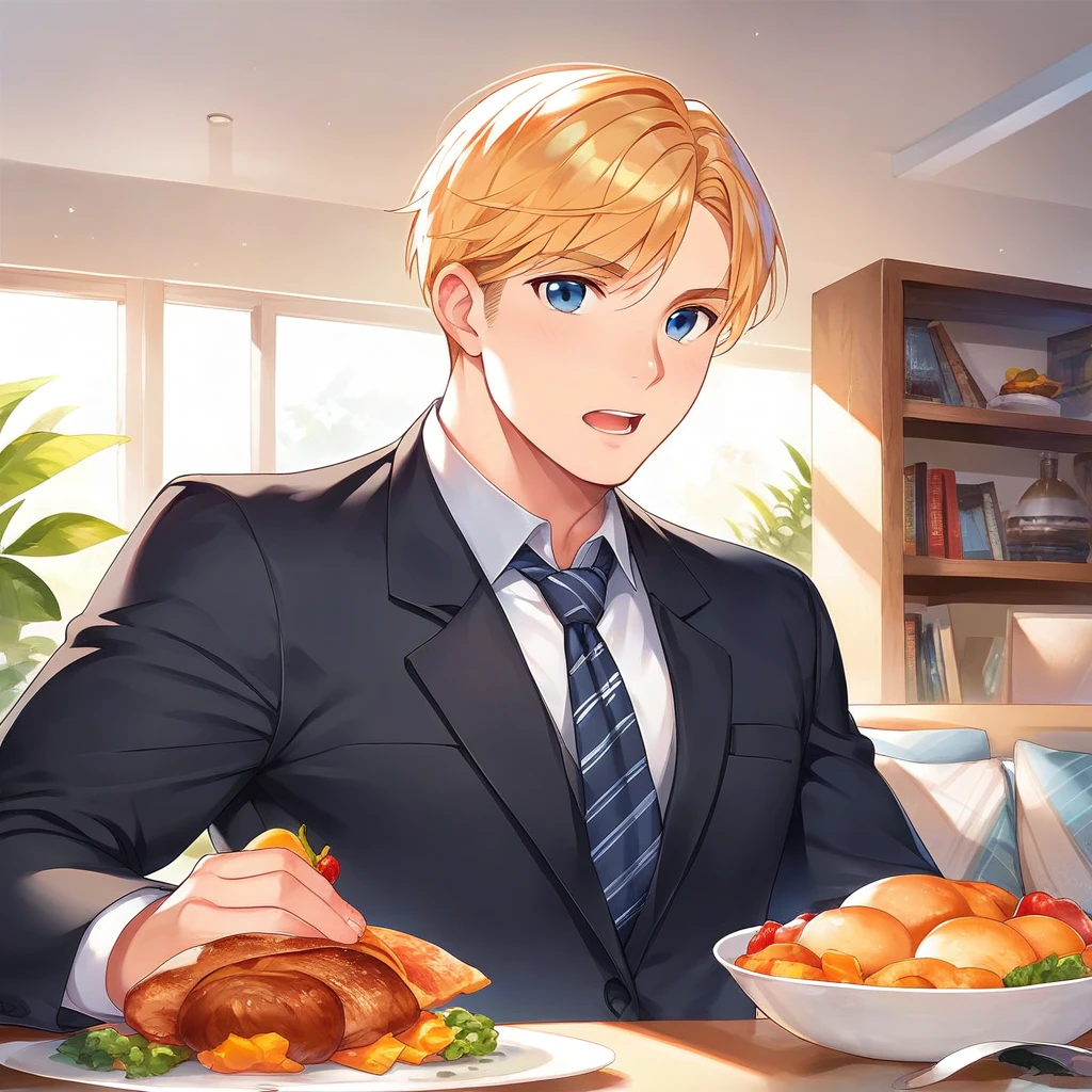 masterpiece , best quality , front view , upper body , living room , table , meal , full body , color , lineart , 1 boy , black suit , golden hair , short hair , 20 years old , Handsome man  , open mouth , white backqround , simple backqround ,