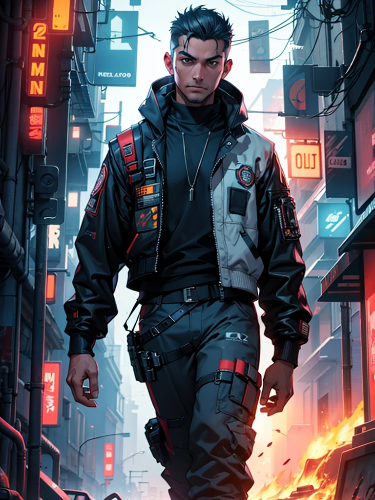 A man in his 30s wearing a cyberpunk island outfit. There is a robot standing behind. Virtual images during the day surrounded by flames