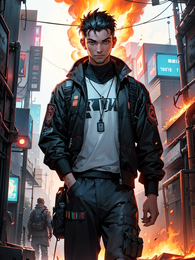 A man in his 30s wearing a cyberpunk island outfit. There is a robot standing behind. Virtual images during the day surrounded by flames