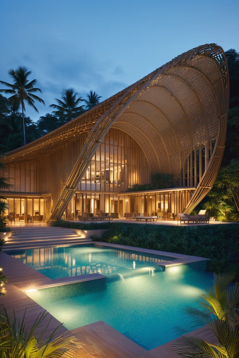 there is a large pool with a bamboo structure in the middle, sustainable architecture, architectural visualization, v-ray, v - ray, vincent callebaut, bali, bamboo huts, award-winning render, inspiring, in style of norman foster, architectural digest, archdaily, a digital rendering, v ray, rendered in corona, an award winning digital render, depth of field, motion blur, backlighting, vignetting, glowing light, cinematic lighting