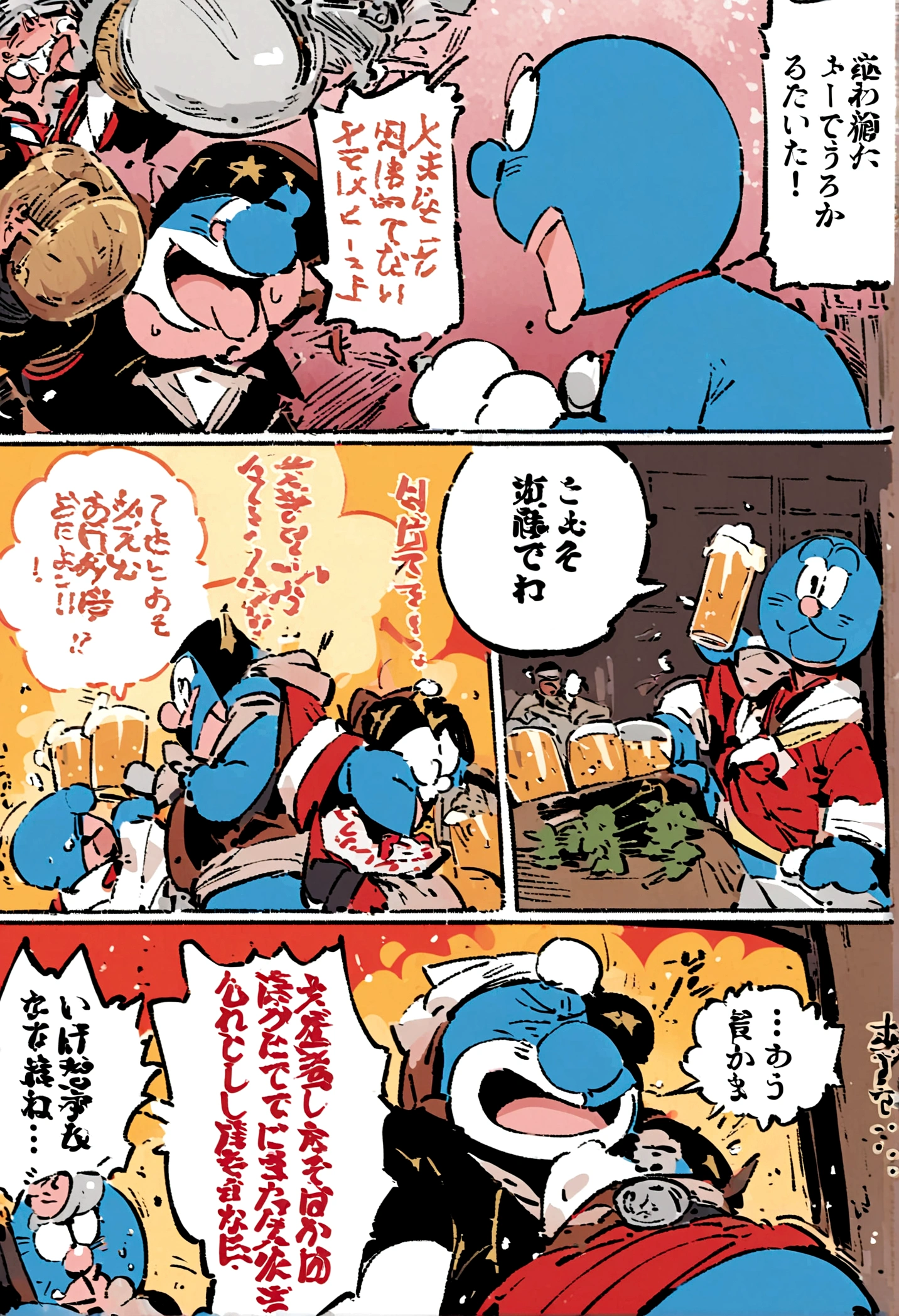 Doraemon，Blue skin tone，drink beer，Japanese manga style，Background modern Japanese street，Wearing a modern Japanese kimono，Lots of beer glasses，Japanese style，Comics，japonisme