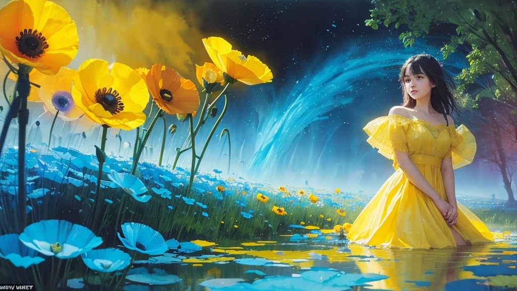 32k, Masterpiece, Highest quality, One girl, Detailed eyes, flower,Iceland Poppy, Blue and yellow style,A dreamy, romantic piece,Pale yellow, Mysterious Leaves,A playful arrangement,Fantasy,High Contrast,Ink strokes,explosion,Exposure, Impression of blue and yellow tones,Abstract,((Watercolours by John Berkey and Jeremy Mann )) Brush strokes,Negative Space, Tyndall effect,