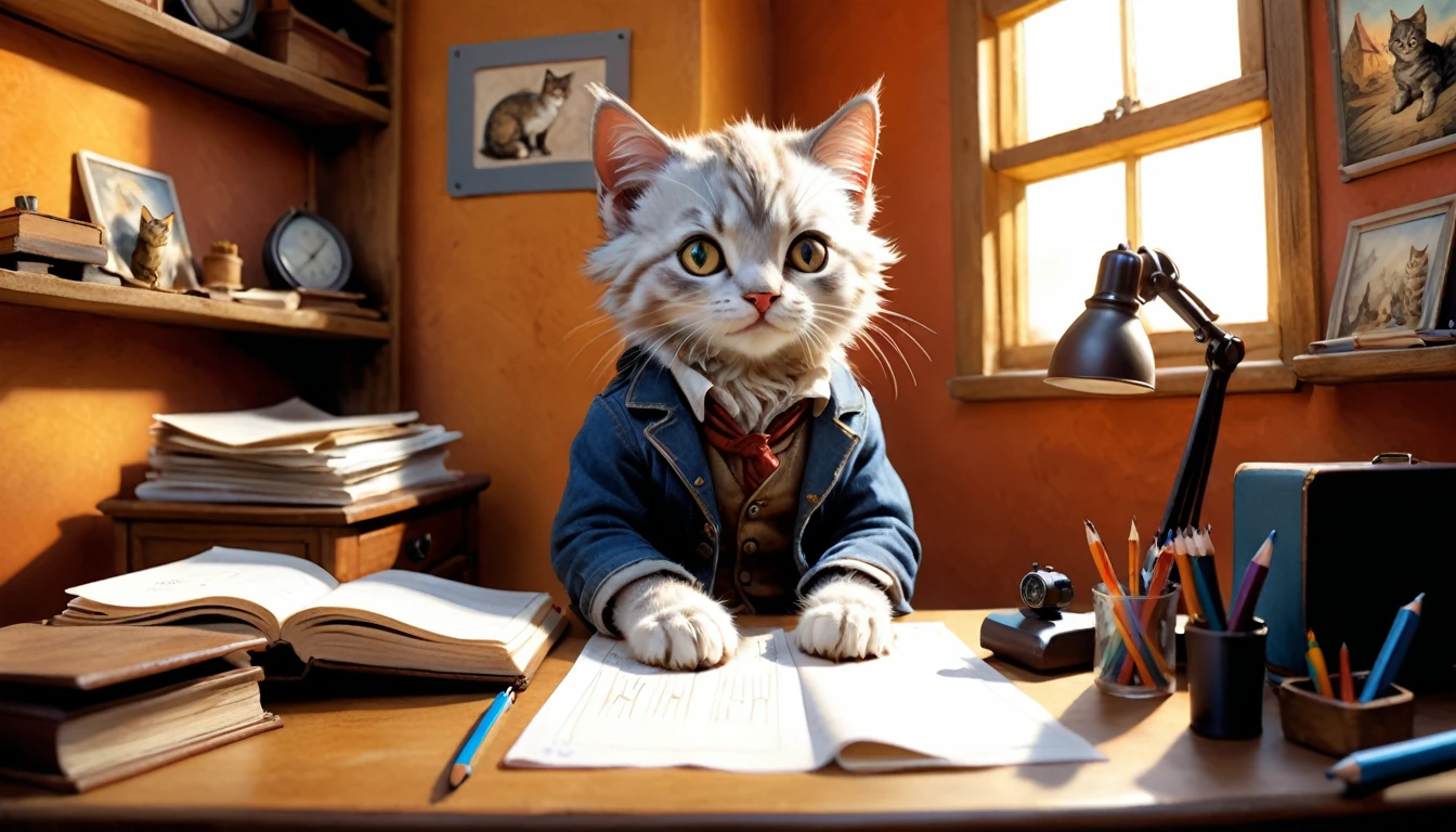 (photo film style), anthropomorphic, cute kitten, , in his room, studying, 2D, colorful, warm atmosphere, shiny, Jean-Baptiste Monge style, Alan Lee style