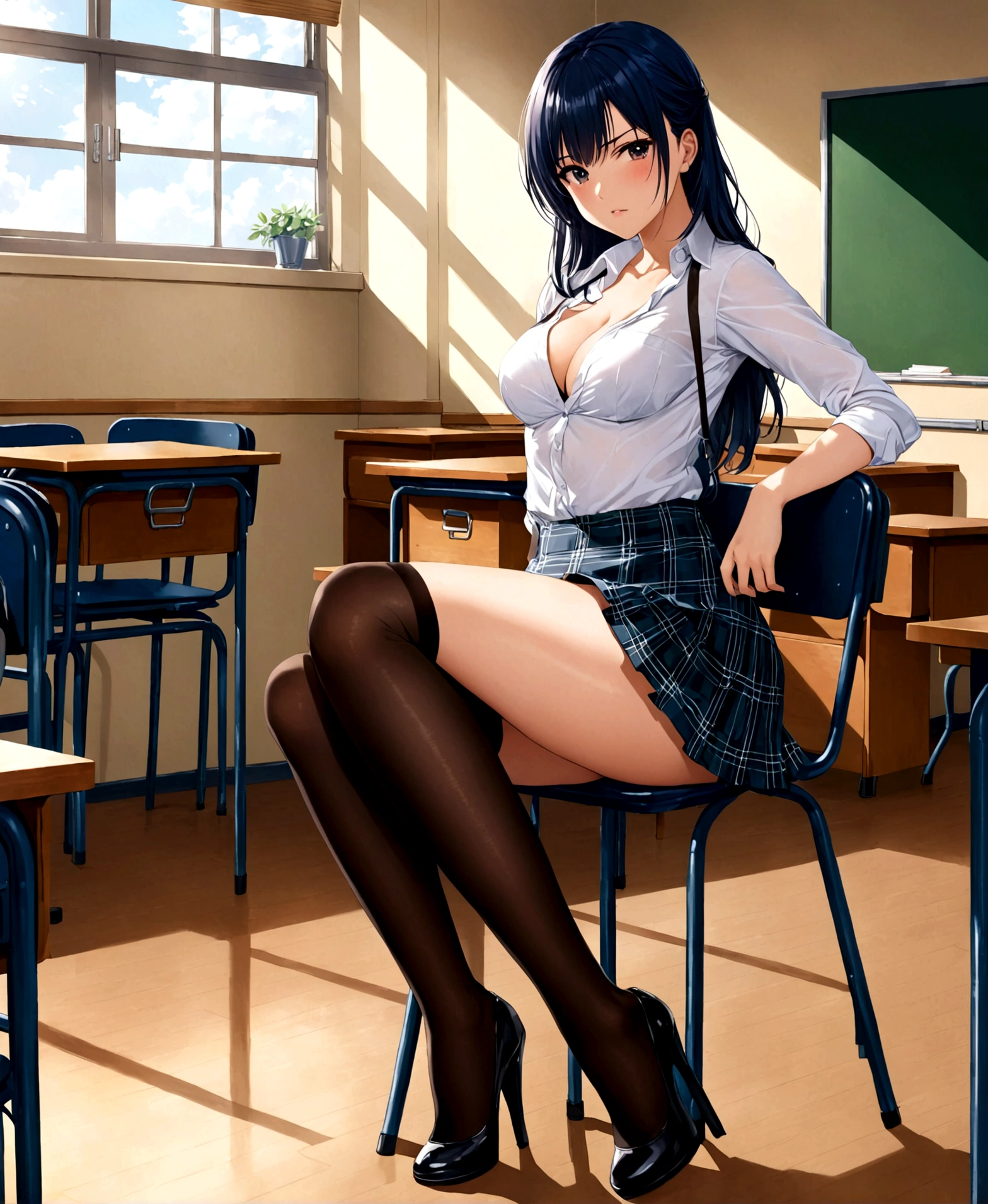 At school, classroom, high school student, , beautiful, medium breasts, wide hips, small waist, shapely legs, perfect thighs, would be, blushing, angry, , mini skirt with plaid, blouse, thigh high stockings, stockings held up by garters, sitting, chair, crossing her legs, blouse unbuttoned completely open revealing the bra, holding the skirt with her hands lifting it above her thighs,