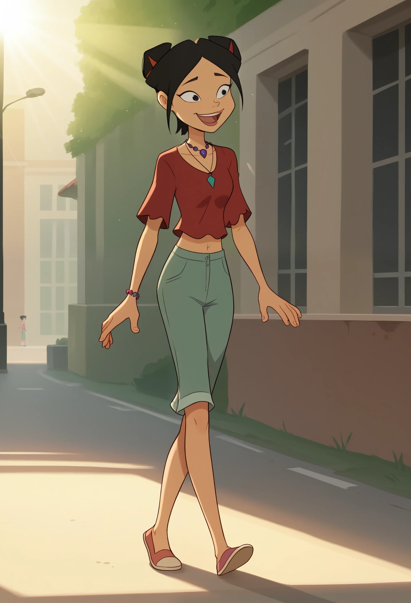 score_8, score_9, maria, 1 girl, solo, black hair, short hair, necklace, double bun, sunlight, happy, walking on street, full body,
