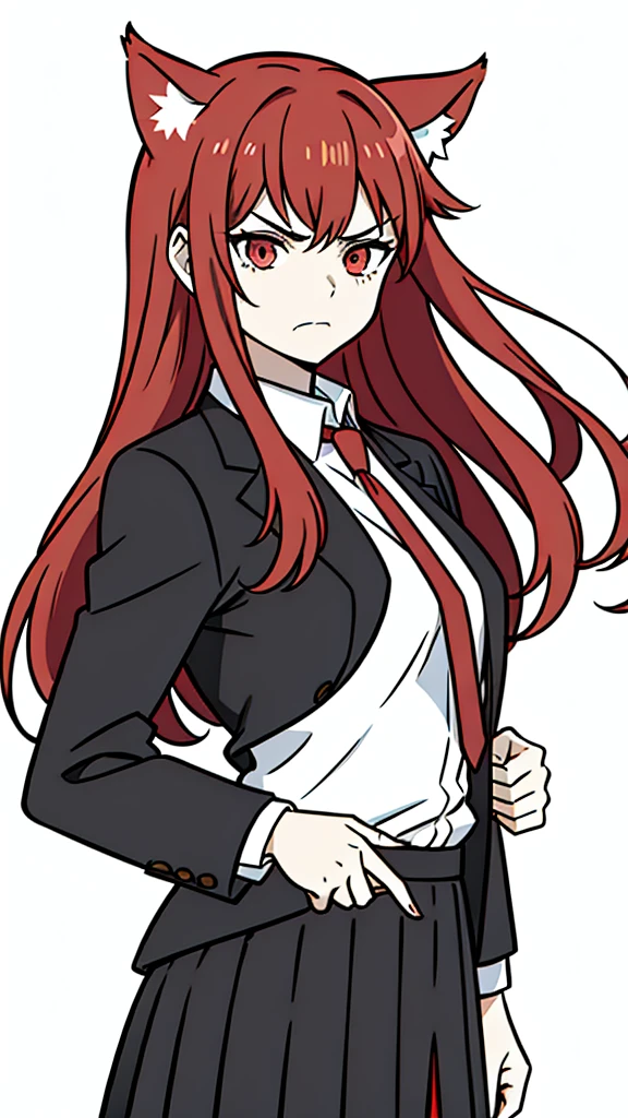 1girl ,solo,20s,mature female,angry face,red hair,long hair,fox ears,(white background, line drawing),shirt,black standard tie,black jacket, blazer,long sleeves, red pleated skirt,(upper body)