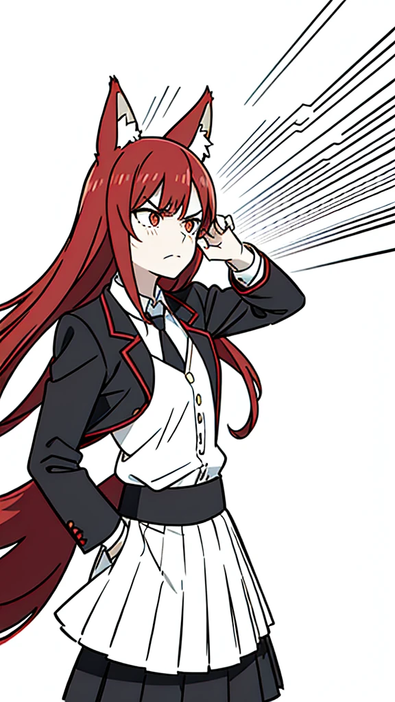 1girl ,solo,20s,mature female,angry face,red hair,long hair,fox ears,(white background, line drawing),shirt,black standard tie,black jacket, blazer,long sleeves, red pleated skirt,(upper body)