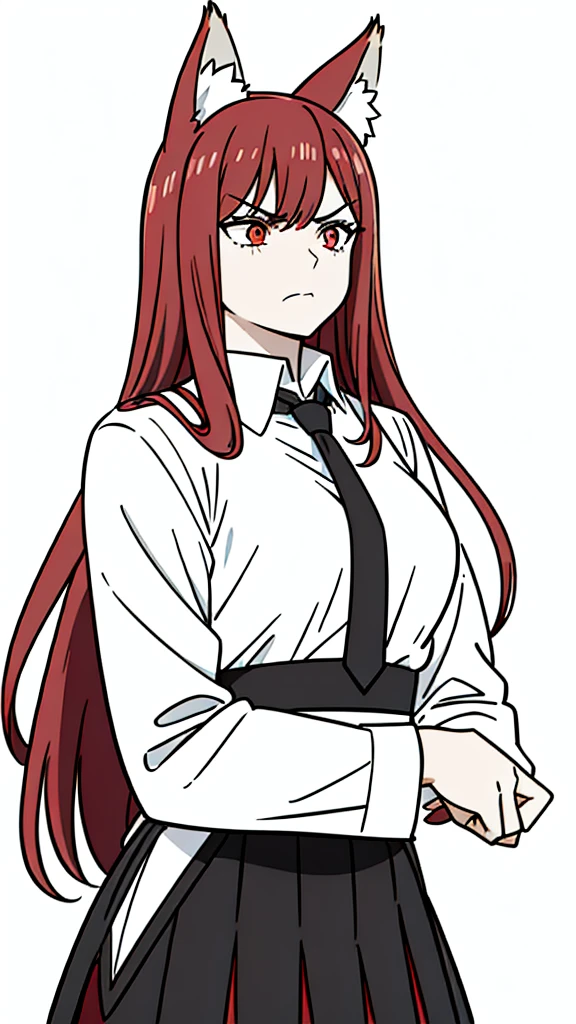 1girl ,solo,20s,mature female,angry face,red hair,long hair,fox ears,(white background, line drawing),shirt,black standard tie,black jacket, blazer,long sleeves, red pleated skirt,(upper body)