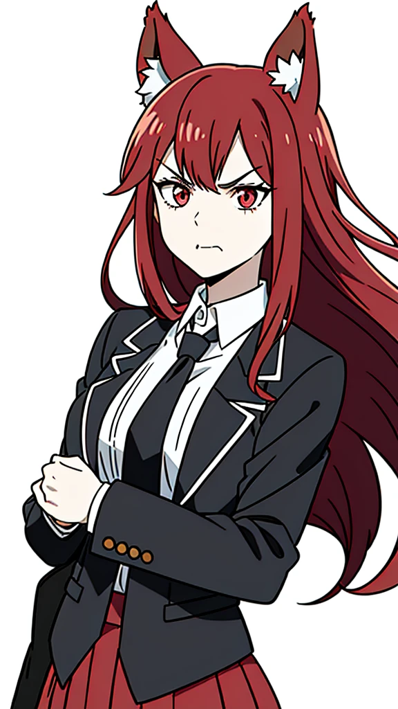 1girl ,solo,20s,mature female,angry face,red hair,long hair,fox ears,(white background, line drawing),shirt,black standard tie,black jacket, blazer,long sleeves, red pleated skirt,(upper body)