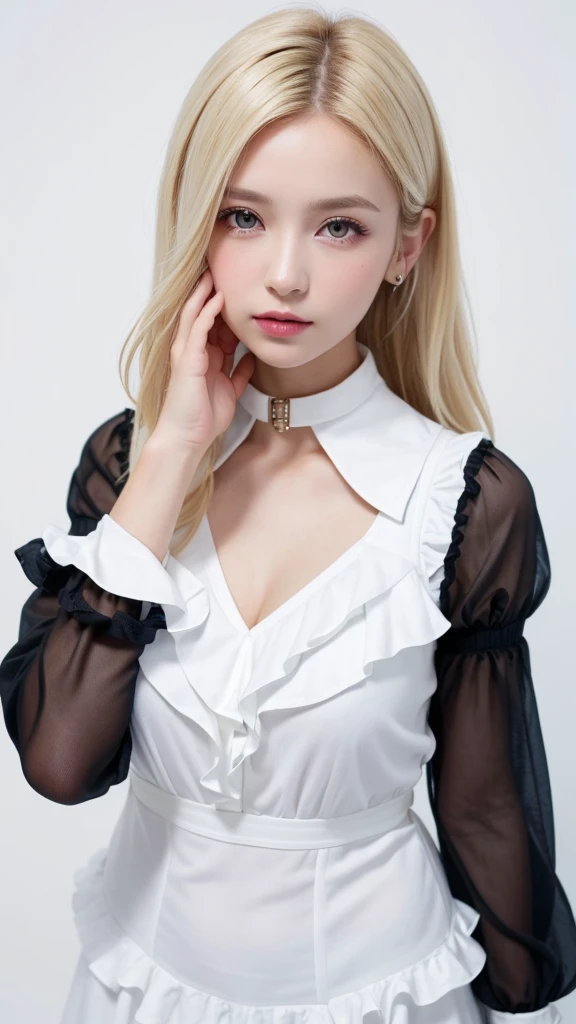 (((forehead、White Blonde Hair、Northern Europe、White people、beautiful girl、Blonde、White background、Blouse with collar and sleeves、Frills、race、long hair)))、table top, highest quality, figure, super detailed, finely, High resolution, 8k wallpaper, Perfect dynamic composition, detailed and beautiful eyes, Deco out,bionde, medium hair, super big breasts, Natural color lip,white background, random cute poses,frill dress