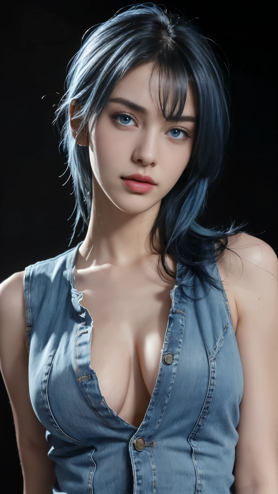 8K, Top Quality, Intricate Details, Ultra Detail, Ultra High Resolution, Masterpiece, close up shot, (full body: 1.1), Slender, Smile, (Makeup: 0.4), ,(( blue hair, bangs, long hair, blue eyes)), (Fluffy Eyes: 1.21), (()), 1girl, solo, 1 girl, (()), close up shot, , ((tall)), (((fit body))), (((slim face))), sharp face, ((mini open vest, denim open vest, torn denim)) ,(detailed face), sharp face, small lips, , ,(( )) ,, ,
((,no bra, braless )), , (( )), detailed face, detailed breast, large breast ,huge breast, detail nipples ,, Narrow Waist, Skinny, tall , 190 cm tall, Muscular, Navel, Exposed Abdomen, Pointed Chest,, Beautiful girl with accentuated slender abs: 1.4, Six Pack Abs: 1.4, , Perfect Body, detail legs, (( dark background)), black background,