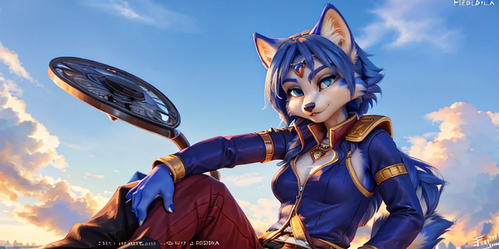 A beautiful and detailed (full body portrait) wa ((Krystal)), Star Fox Krystal, sslim, lovable, green eyes, medium breasts, (((Long blue hair 1.3))), Decollete, anthro, furry, Uploaded E621, detailed fluffy fur, (wa Fluff-Kevlar, Bayard Wu, Personalami, Pino Daeni), detailed face, (fluffy), 1 girl, alone, sweet girl,