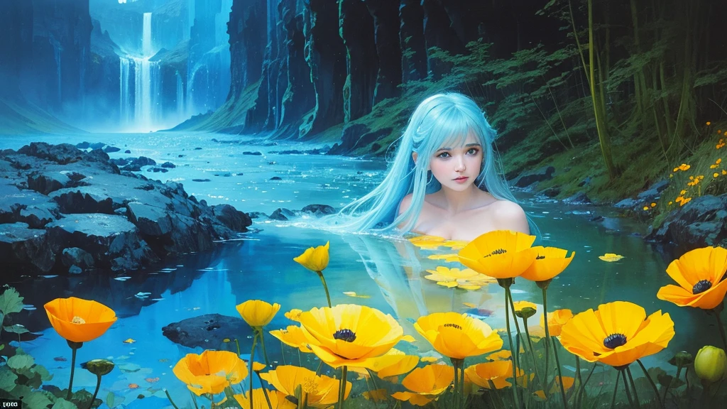 32k, Masterpiece, Highest quality, One girl, Detailed eyes, flower,Iceland Poppy, Blue and yellow style,A dreamy, romantic piece,Pale yellow, Mysterious Leaves,A playful arrangement,Fantasy,High Contrast,Ink strokes,explosion,Exposure, Impression of blue and yellow tones,Abstract,((Watercolours by John Berkey and Jeremy Mann )) Brush strokes,Negative Space, Tyndall effect,