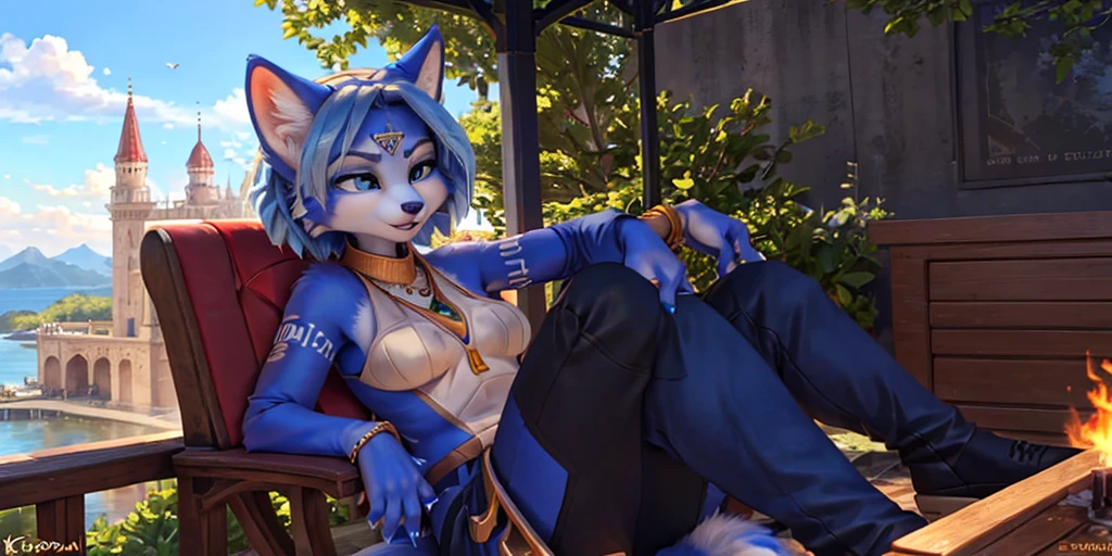 A beautiful and detailed (full body portrait) wa ((Krystal)), Star Fox Krystal, sslim, lovable, green eyes, medium breasts, (((Long blue hair 1.3))), Decollete, anthro, furry, Uploaded E621, detailed fluffy fur, (wa Fluff-Kevlar, Bayard Wu, Personalami, Pino Daeni), detailed face, (fluffy), 1 girl, alone, sweet girl,
