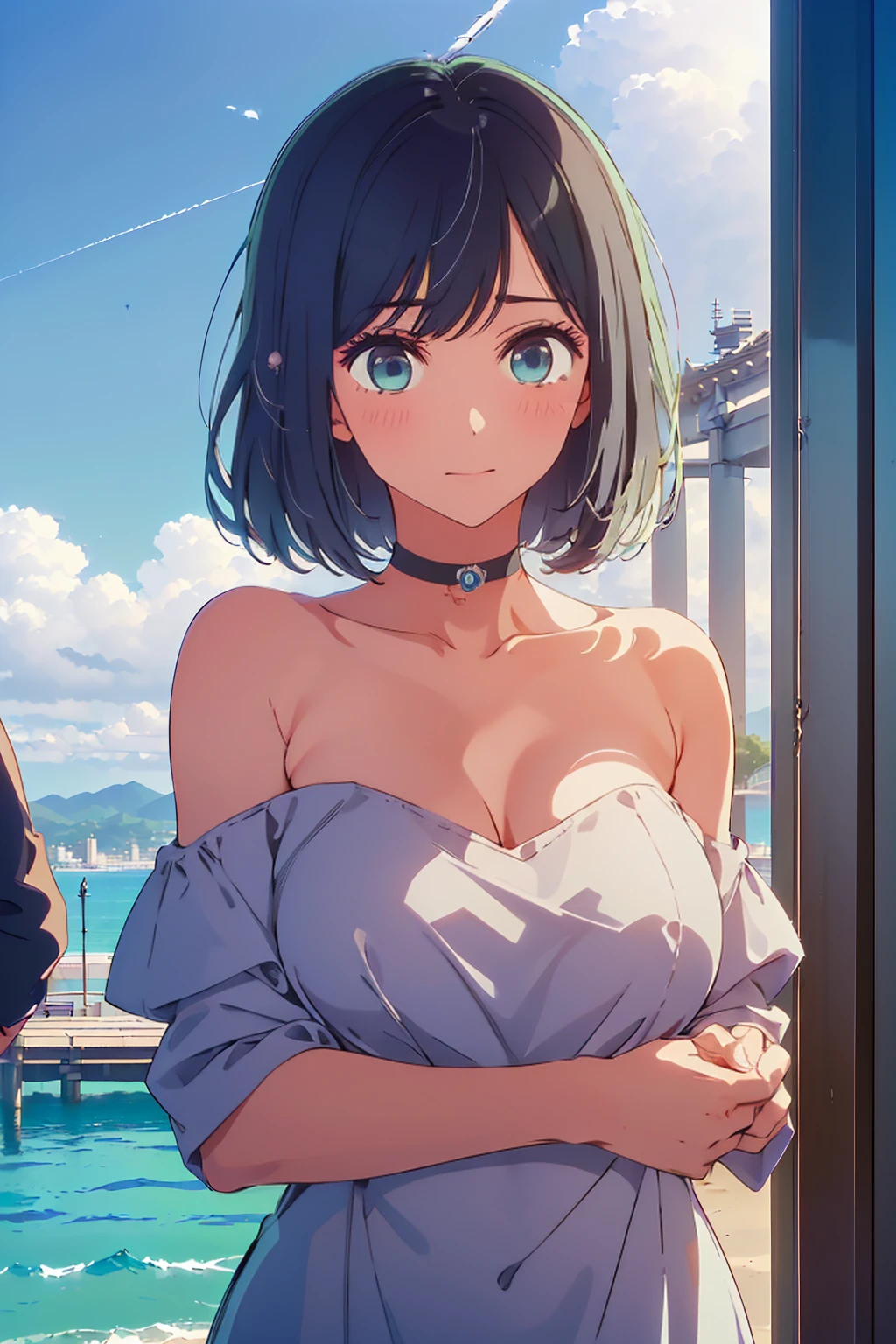 (Highest quality:1.4、masterpiece:1.4、Super detailed:1.4、Ultra-high resolution:1.4、8K:1.4)、Slim body、Big Breasts、((((1 person、Surprised expression、In the background are the urban buildings of Tokyo、looking at the camera、Seaside café terrace、Get up close and take a photo、Photographing the upper body、Very cute face))))、((((nude、very beautiful areola))))、(Pose with hands tucked behind ears:1.4)、(((Black off-shoulder blouson)))、valley、Very blue sky、A completely cloudless sky