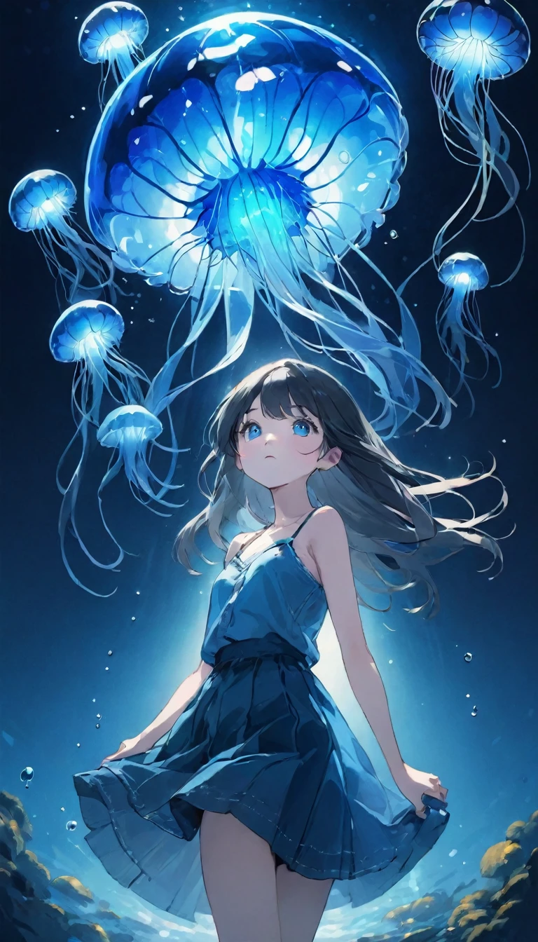 finely detailed illustration, best quality, masterpiece, vibrant color,High resolution、8k、Pitch blackの静寂を演出、Wallpaper Art、Very detailed_face_eye、sharp focus on eyes, 非常に繊細なfaceと肌の質感、Woman looking around、pretty girl、14 years old、camisole、denim hot skirt、Jellyfish floating in the air、Blue glowing jellyfish、Fluorescent jellyfish、Mystical Expressions、Synaptic vesicles、Neuron、Pitch black、The only light source is a jellyfish、