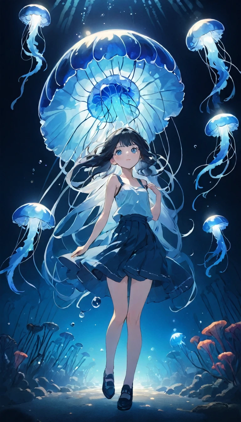 finely detailed illustration, best quality, masterpiece, vibrant color,High resolution、8k、Pitch blackの静寂を演出、Wallpaper Art、Very detailed_face_eye、sharp focus on eyes, 非常に繊細なfaceと肌の質感、Woman looking around、pretty girl、14 years old、camisole、denim hot skirt、Jellyfish floating in the air、Blue glowing jellyfish、Fluorescent jellyfish、Mystical Expressions、Synaptic vesicles、Neuron、Pitch black、The only light source is a jellyfish、