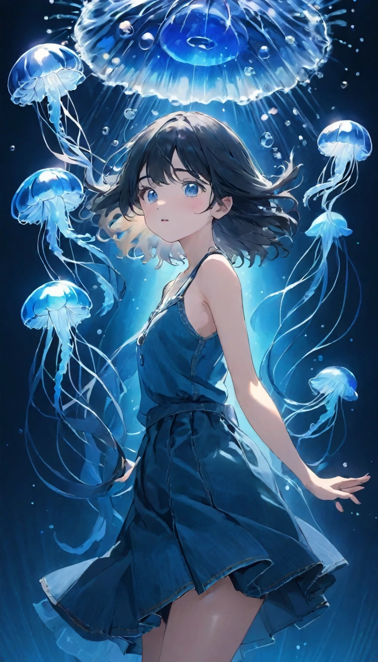 finely detailed illustration, best quality, masterpiece, vibrant color,High resolution、8k、Pitch blackの静寂を演出、Wallpaper Art、Very detailed_face_eye、sharp focus on eyes, 非常に繊細なfaceと肌の質感、Woman looking around、pretty girl、、camisole、denim hot skirt、Jellyfish floating in the air、Blue glowing jellyfish、Fluorescent jellyfish、Mystical Expressions、Synaptic vesicles、Neuron、Pitch black、The only light source is a jellyfish、