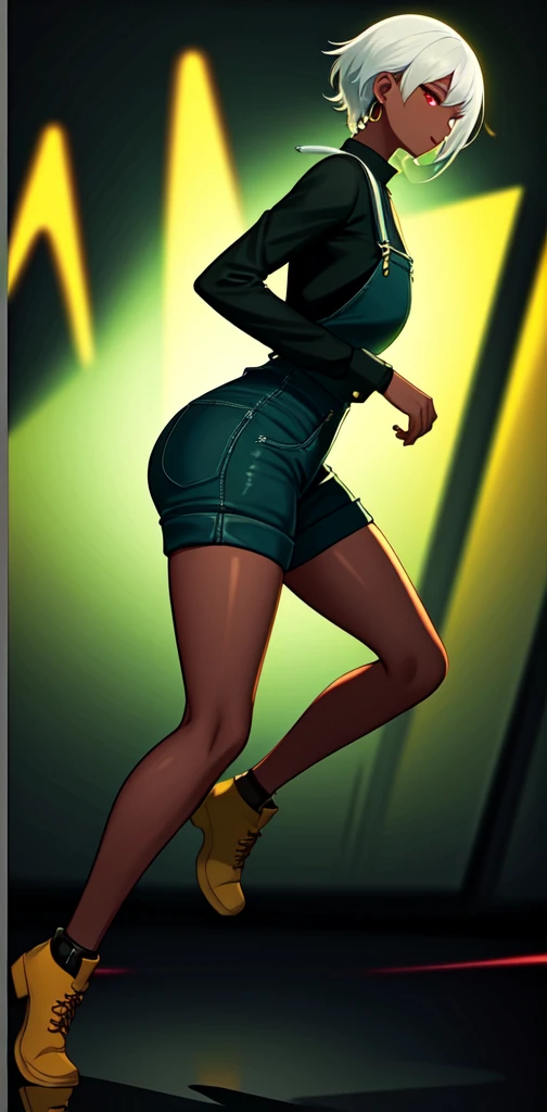 masterpiece, best quality,1girl, ((young girl)), ((large round magical red eyes)), shiny skin, (thin waist), (white hair), ((curvy)), ((wide hips)), ((hoop earrings)), ((small)) , (((yellow overalls))), hot, soft natural lighting, reflections, bright illuminations, deep dark black skin, ((yellow outfit)), upper body