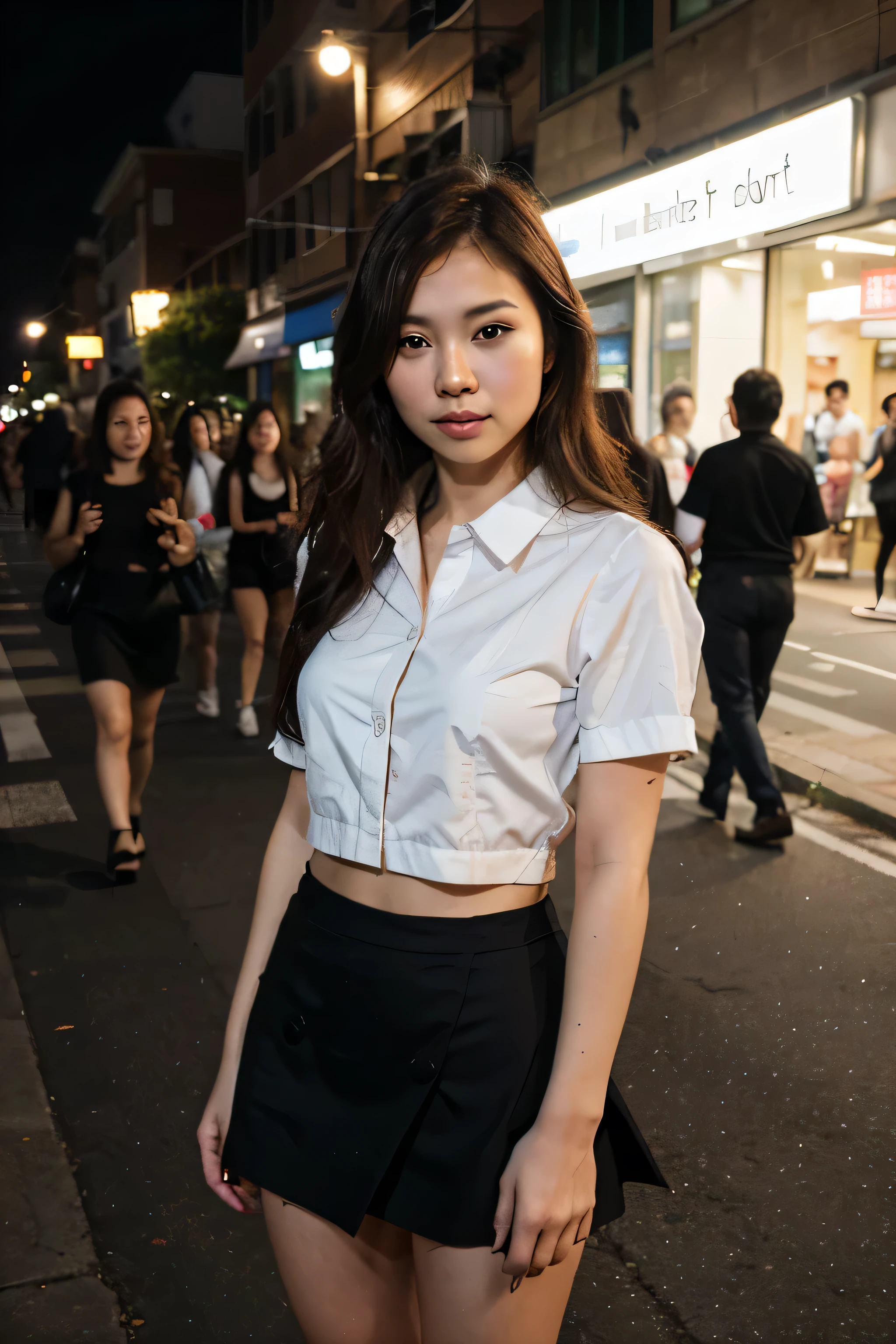 full body shots, Realistic HD Thai Japanese 30 year old woman. Realistic complex skin details., natural light,Wear work clothes, White shirt with sheer lace. black short skirt high-heels Showing the night scene in the studio Give light to the face pokemon background, Night Street Light, overhead light ring,Realistic photos, Bright, surreal, high-resolution images Photos from the camera are realistic and sharp.. 