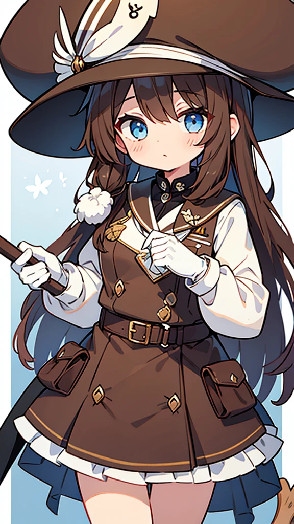Girl brown long hair、Brown marine hat、Holding a brown walking stick、Brown and white dress Blue eyes、White gloves look cool