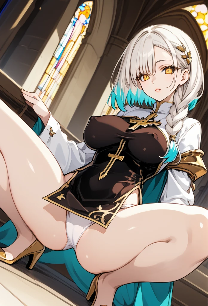 Mature woman, mature face, gentle face, glossy lips, golden eye color, golden eyes, gentle eyes, (braid hairstyle, bob hair, white hair, yellow gradient hair color, glossy hair), slender body, medium breast, thick thighs, saintess clothes, white clothes, white panties, (nipple through clothing), church, spreading legs, crouching, view from above, side view