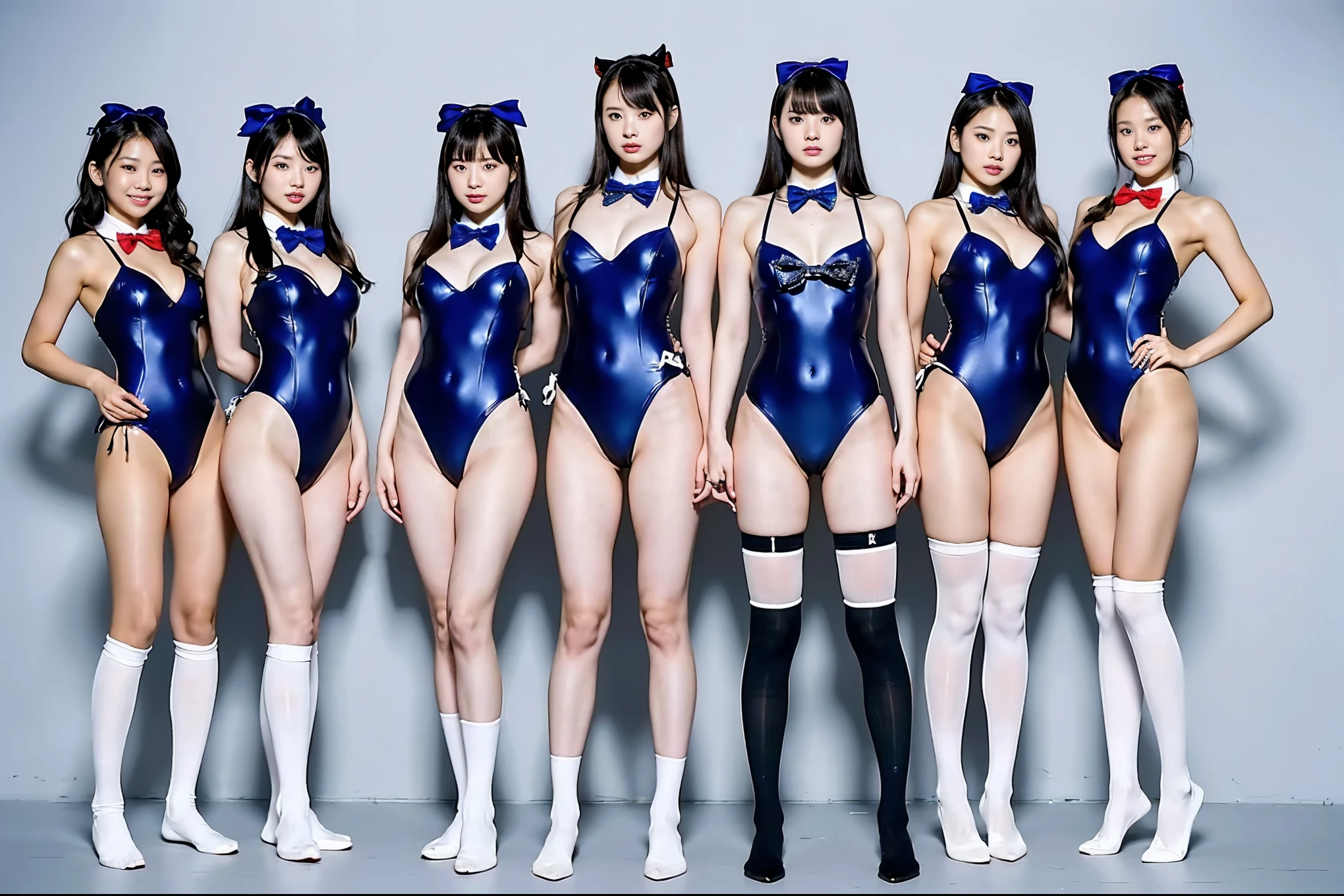 ((8x_NMKD-Super Scale_150000_G),(8K, super high quality,Highest quality),(bow tie,Swimsuit,Knee socks),psychopath,Girls who belong to an evil organization,Blue Meteor Ladies Army,5人Gループ