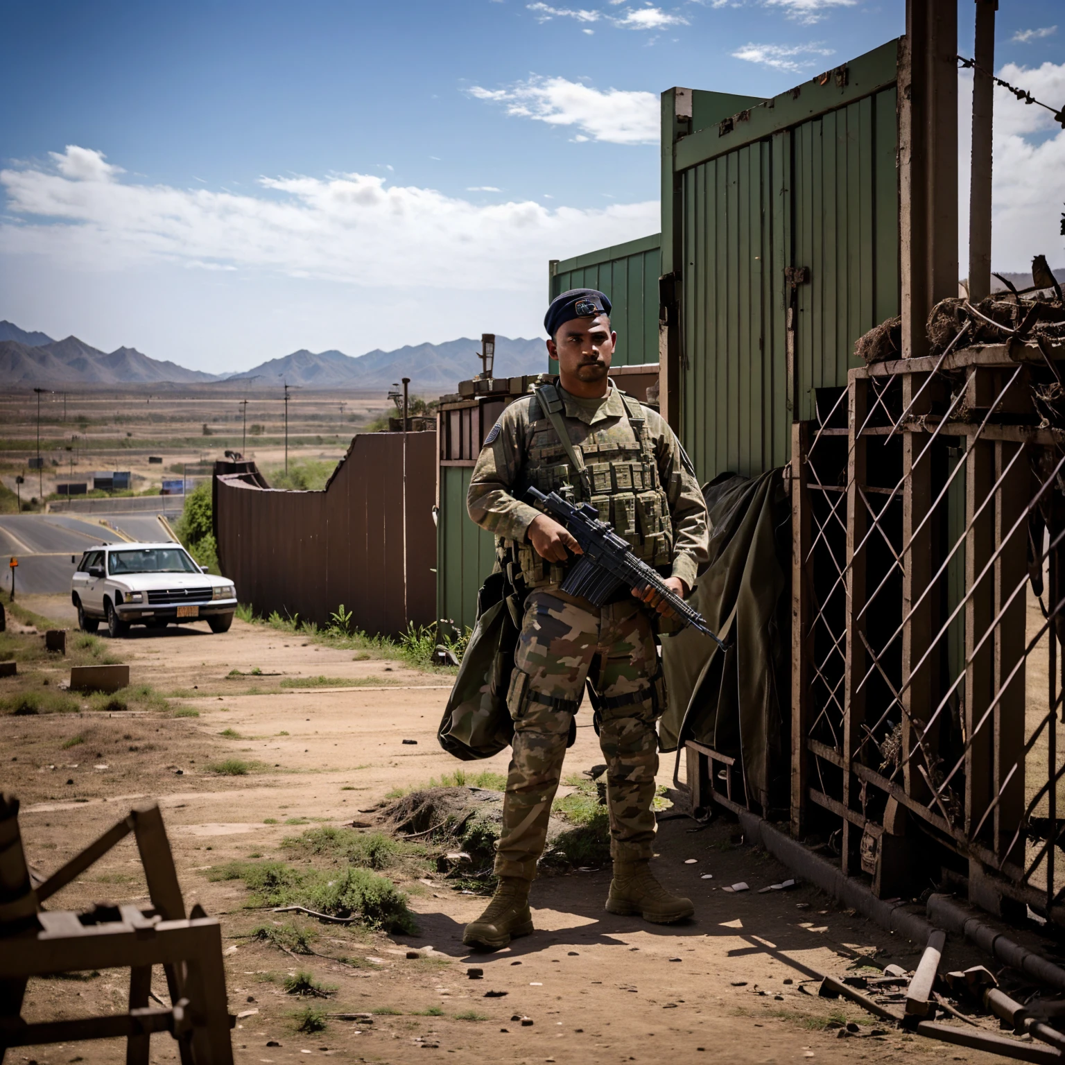 Soldier with his assault rifle guarding a border post on the Mexican side, high resolution