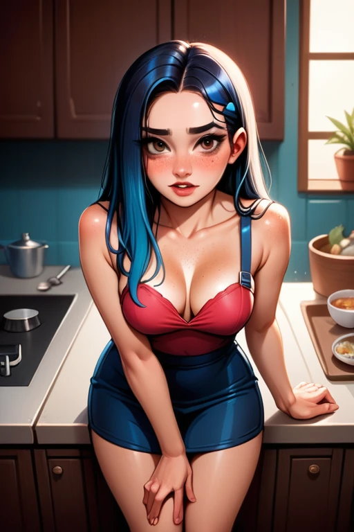 tall asian-caucasian woman; 31 years old; long black hair with blue highlights; almond-shaped brown eyes; pale Caucasian skin with freckled cheeks; slender build; perky breasts; form-fitting casual dress; futuristic; dystopian; cyberpunk; Disney-style, CGI; best quality; high definition; trending on artstation; complex volumetric lighting; at home; bent over kitchen bench; having doggy-style sex; being fucked; having sex; visible cock in her pussy; shot from above and behind; cumming hard; blushing a lot; orgasm expression; being fucked in the kitchen; strip of pubic hair; POV