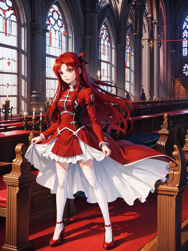 Full body picture of 1 girl: Erza Scarlet, wearing Rin Tohsaka outfit, in a church with huge windows at night, ultra realistic, top quality, 