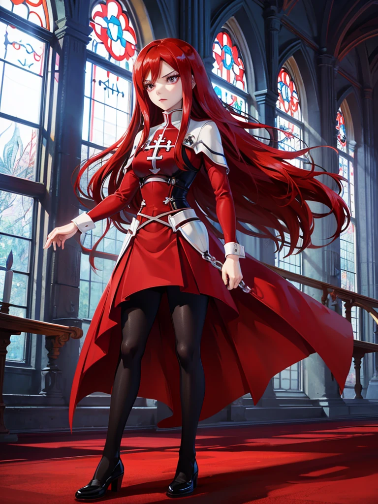 Full body picture of 1 girl: Erza Scarlet, wearing Rin Tohsaka outfit, in a church with huge windows at night, ultra realistic, top quality,