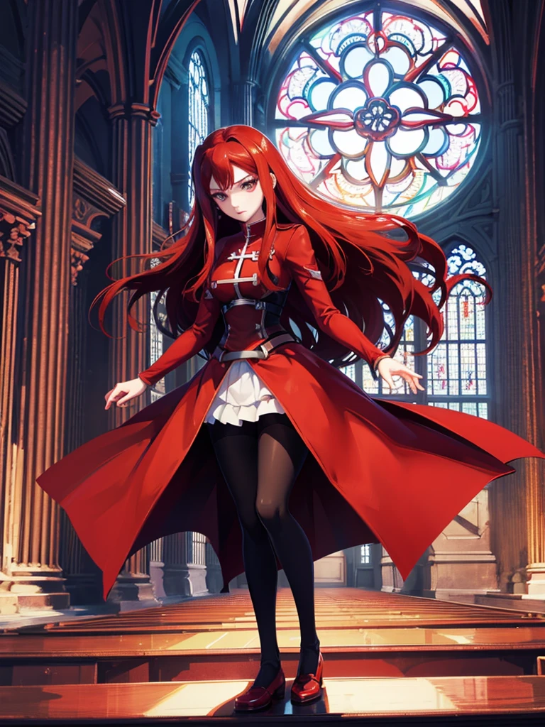 Full body picture of 1 girl: Erza Scarlet, wearing Rin Tohsaka outfit, in a church with huge windows at night, ultra realistic, top quality,