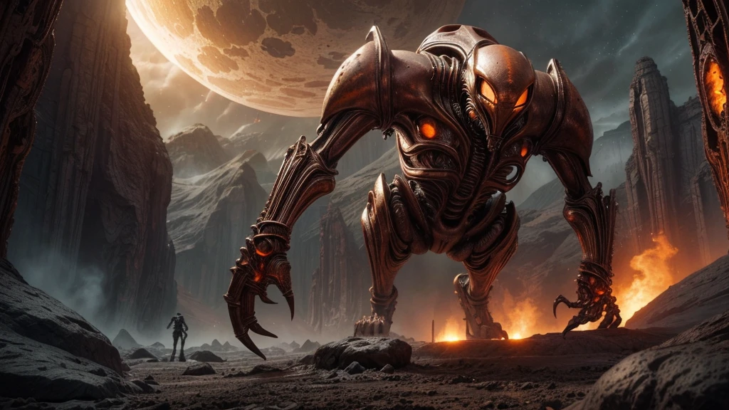 ((CARVED STEEL, slender), (FORCED PERSPECTIVE VIEW FROM BELOW OF Biomechanical ALIEN Creatures of Disgusting Alien Biology) biomechanical alien, unknown, extraterrestrial biology on unknown planet, HEAVY atmosphere with dust particles suspended in the air red - orange WITH SULFUR