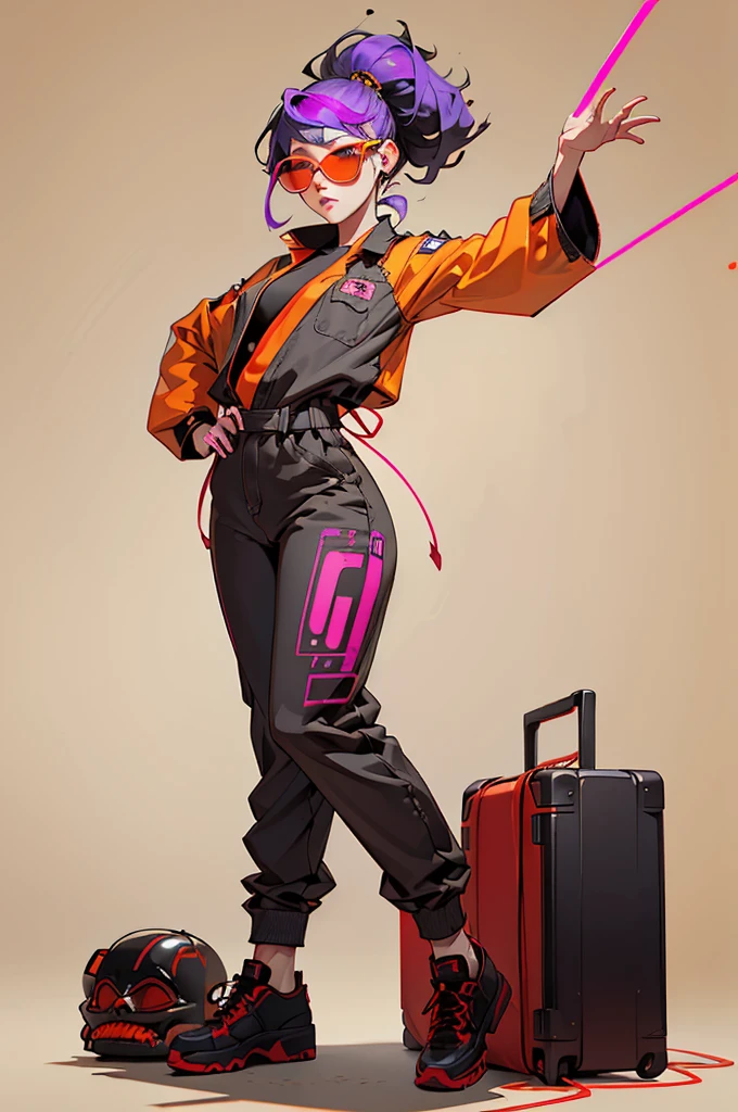 White workwear jumpsuit、A woman wearing a costume with glowing purple lines, cyber punk, Hard Rock Metal, Mosh Pit, (Highest quality,4K,8K,High resolution,masterpiece:1.2),Live Stage、Costume with glowing red lines、Large sunglasses,Colorful punk hairstyle、Full body portrait、dynamic dancing