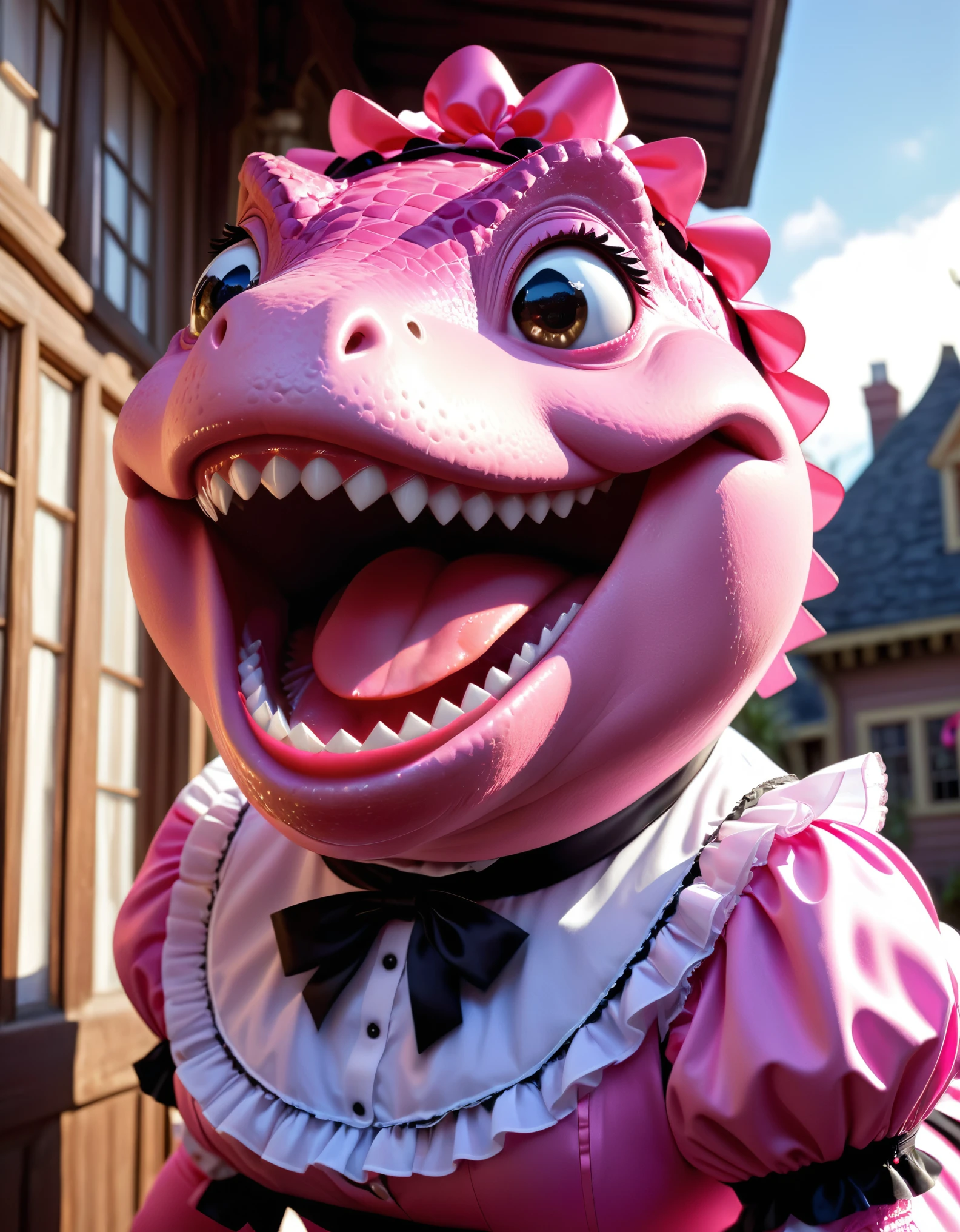 face close up photo of anthropomorphic fat pink dinosaur,(sharp teeth:1.5), dressed in maid clothes with frills and ribbons, (sticking out tongue:1.5),(happy smile:1.5),(naughty look), roomlighting, Cinematic, hdr, primitive, Intricate, High quality, smoothing tones, Intricate details, Low contrast,(viewed from above:2.0), (looking up to the side:1.8), old western house background