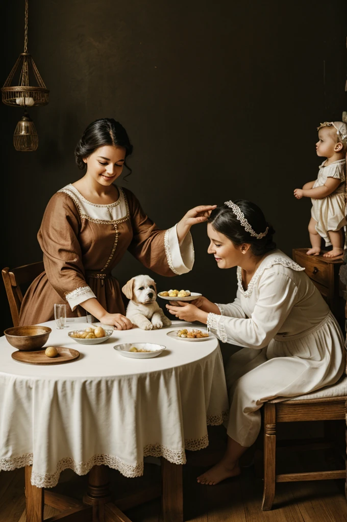 table, mother, puppy with a baby angel