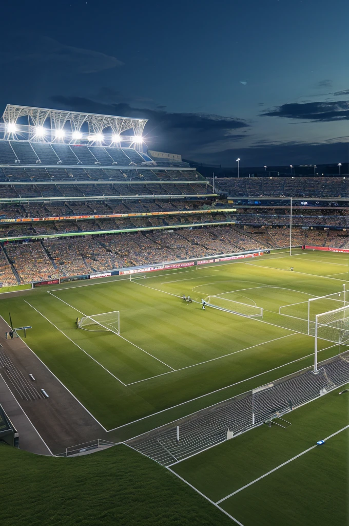 a lush green soccer field, a massive stadium with towering stands, floodlights illuminating the field, nobody in picture, dynamic sports action, cinematic angle, ultra detailed, 8k, realistic, photorealistic, dramatic lighting, vibrant colors