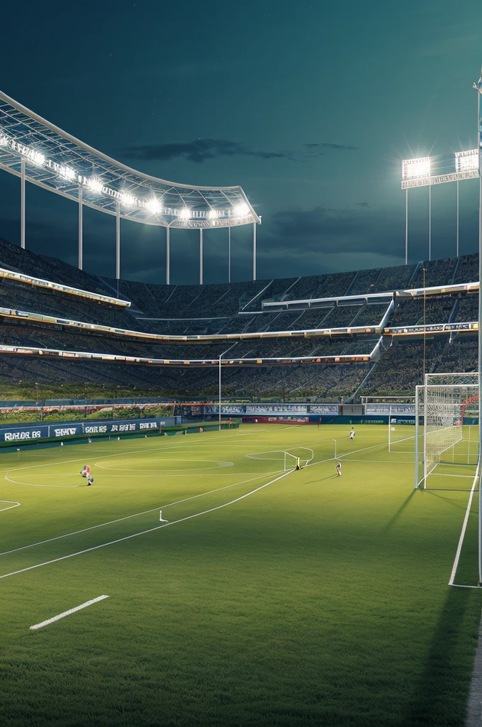 a lush green soccer field, a massive stadium with towering stands, floodlights illuminating the field, nobody in picture, dynamic sports action, cinematic angle, ultra detailed, 8k, realistic, photorealistic, dramatic lighting, vibrant colors