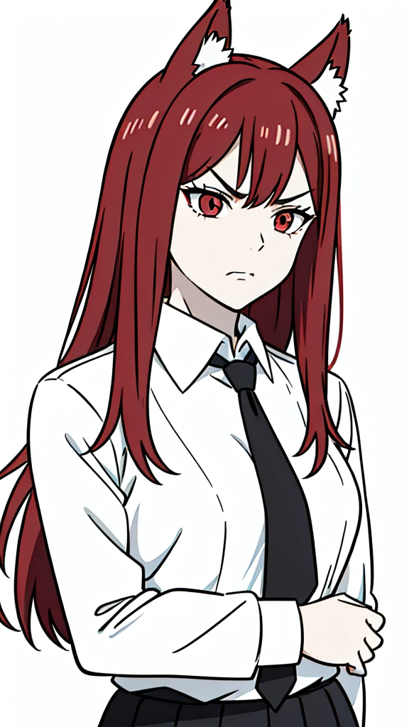 1girl ,solo,20s,mature female,angry face,red hair,long hair,fox ears,(white background, line drawing),shirt,black standard tie,black blazer, blazer,long sleeves, red pleated skirt,(upper body)