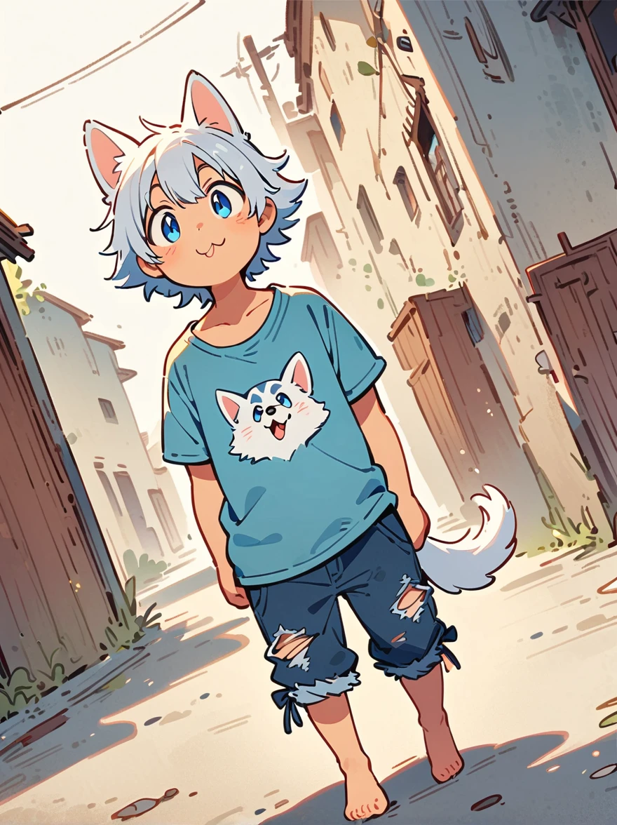 Cartoon illustration，simple，Depicts an anthropomorphic dog，hairy，Dog Boy，Black and white fur，blue eyes，Single tail，short detailed hair,  male, short, Smile, Eyes half closed,Q version， Handsome，Masterpiece， high resolution，8K，（（（solo））），(T-Shirt，barefoot：0.6)，Looking at the audience，Viewing angle，Handsome的表情,