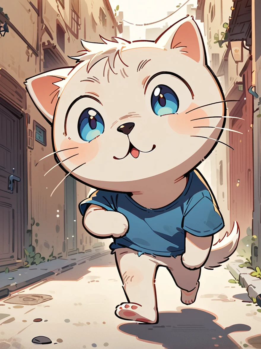 Cartoon illustration，simple，Depicts an anthropomorphic dog，hairy，Dog Boy，Black and white fur，blue eyes，Single tail，short detailed hair,  male, short, Smile, Eyes half closed,Q version， Handsome，Masterpiece， high resolution，8K，（（（solo））），(T-Shirt，barefoot：0.6)，Looking at the audience，Viewing angle，Handsome的表情,