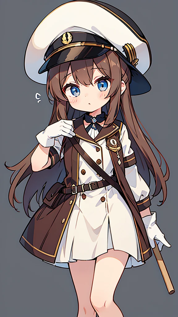 Girl brown long hair、Brown marine hat、Holding a brown walking stick、Brown and white dress Blue eyes、White gloves look cool