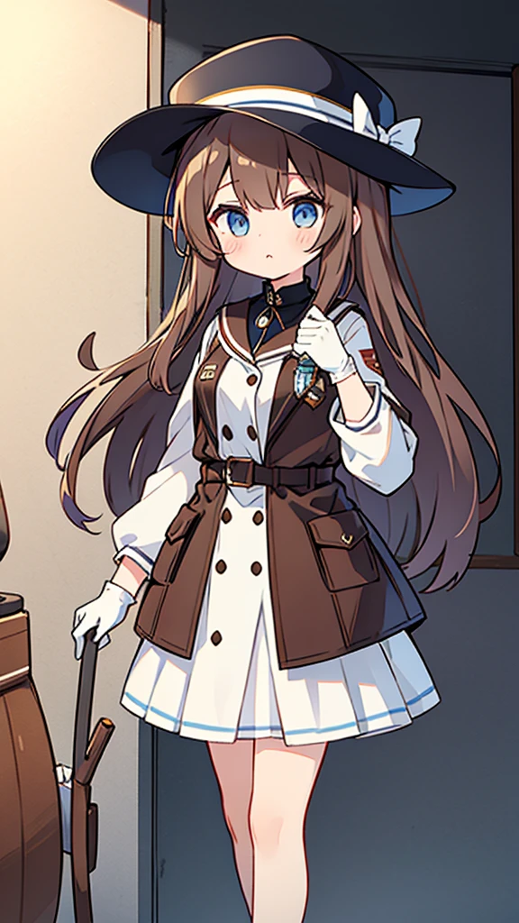Girl brown long hair、Brown marine hat、Holding a brown walking stick、Brown and white dress Blue eyes、White gloves look cool