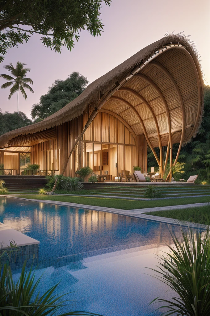 there is a large pool with a bamboo structure , sustainable architecture, thatched roof, along the river, architectural visualization, v-ray, v - ray, vincent callebaut, bali, bamboo huts, award-winning render, inspiring, in style of bamboo and rattan, architectural digest, archdaily, a digital rendering, v ray, rendered in corona, an award winning digital render
, trees, clear sky, sunset time, warm lighting, clear glass, interior lighting, soft light effects, morning mist, serene mood,
RAW Photo, RAW texture, Super Realistic, 32K UHD, DSLR, soft lighting, high quality, film rating, Fujifilm XT3