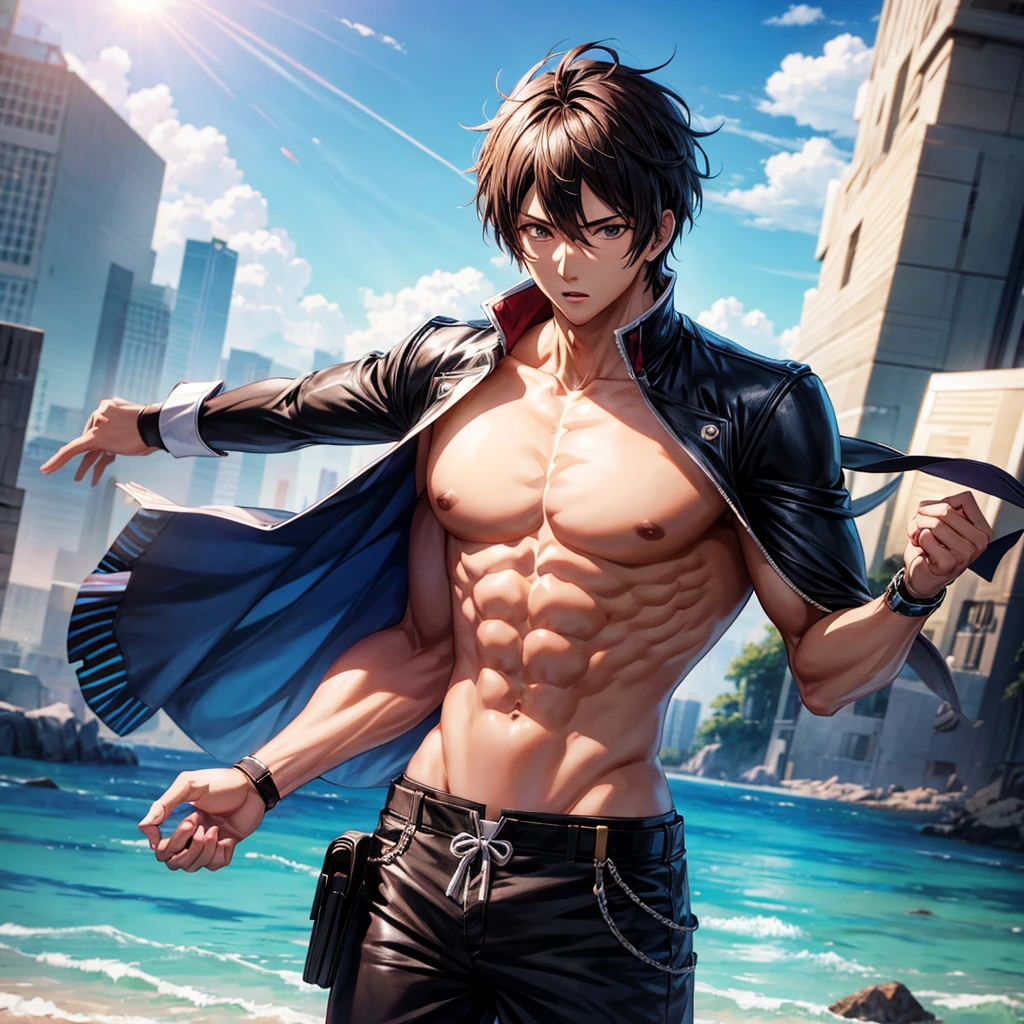 Anime character men sixpack  image  8k 3d image real life image  background monten