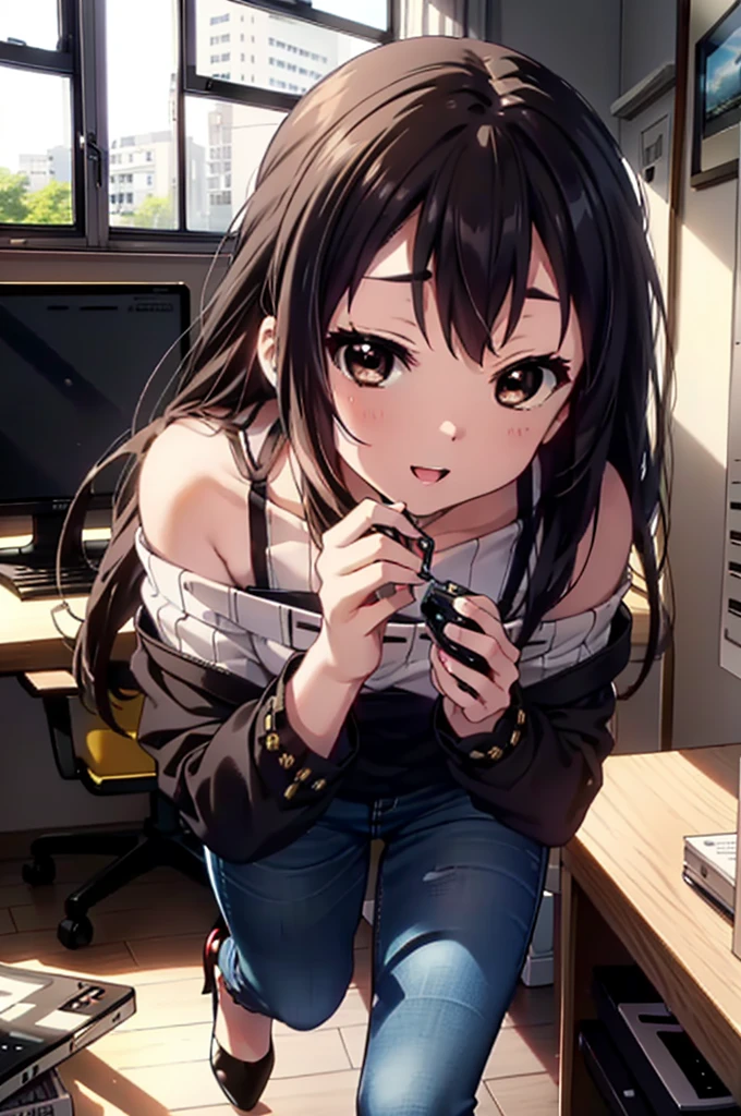 meet, Azusa Nakano, Black Hair, (Brown eyes:1.5), Long Hair, Straight Hair,Cold shoulder tops,Short sleeve,Skinny jeans,Stiletto heels,happy smile, smile, Open your mouth,interior,There is a computer on the table,Walking,So that the whole body goes into the illustration,昼間
break indoors, office,
break looking at viewer,
break (masterpiece:1.2), Highest quality, High resolution, unity 8k wallpaper, (figure:0.8), (Beautiful attention to detail:1.6), Highly detailed face, Perfect lighting, Highly detailed CG, (Perfect hands, Perfect Anatomy),