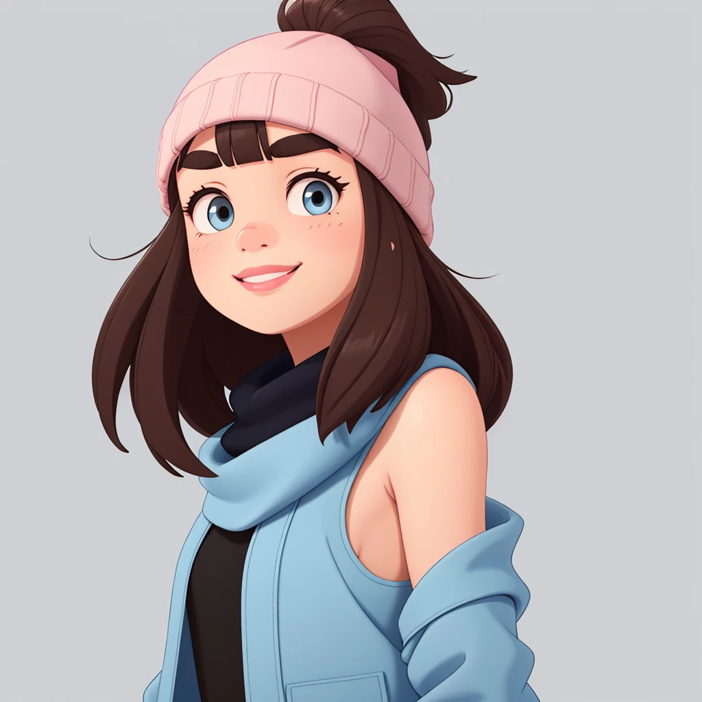 A highly detailed digital illustration of a young woman with an oval face and rosy cheeks. She wears a pale pink beanie, has shoulder-length, slightly wavy black hair, and thick black eyebrows. Her eyes are large and greyish-brown, with a small, pointed nose and full, naturally pink lips. She is slightly smiling. She is dressed in a thick, light blue scarf and a cream-colored jacket with a collar. The background is a simple light blue. The style should be akin to a hyper-realistic 3D cartoon character.